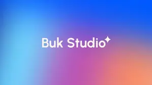 logo de buk studio con letras blancas con un fondo difuminado multicolor