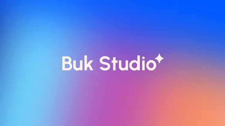 logo de buk studio con letras blancas con un fondo difuminado multicolor