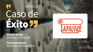 Caso de éxito Laprotex con logotipo de la marca sobre un almacén textil desenfocado.