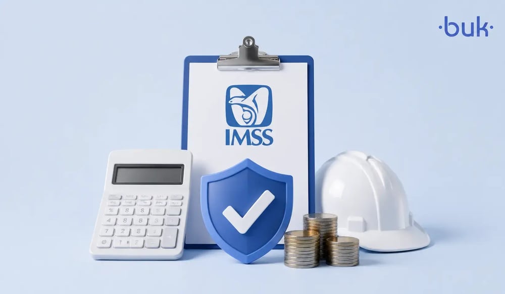 Portapapeles con logo del IMSS, casco de seguridad, calculadora y escudo sobre los beneficios IMSS para trabajadores.