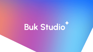 logo de buk studio con letras blancas con un fondo difuminado multicolor