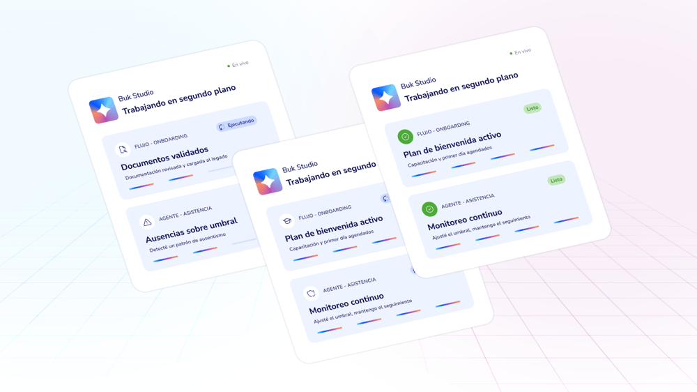 Tarjetas de Buk Studio con flujos y agentes de IA y automatización en recursos humanos en segundo plano.