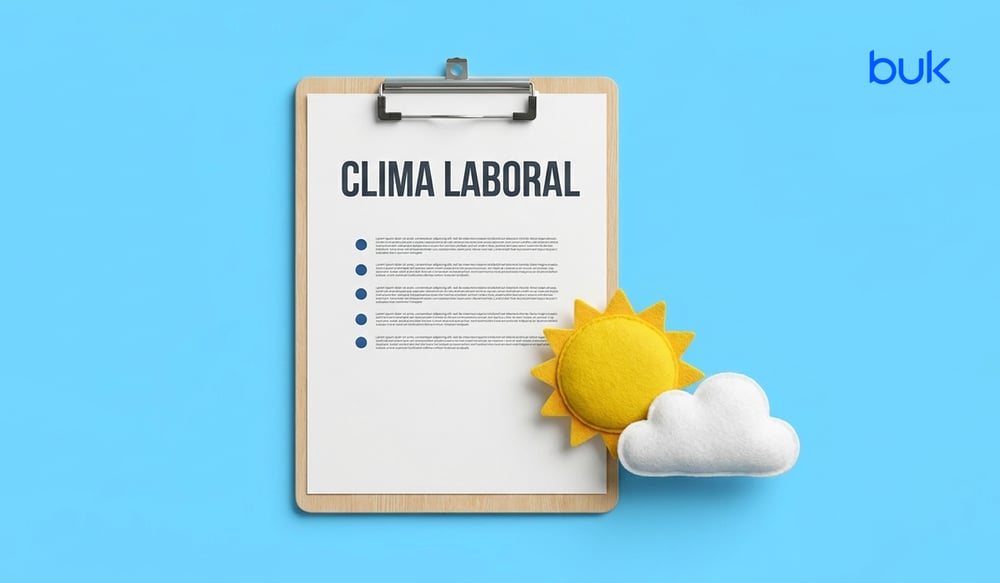 Portapapeles con las palabras CLIMA LABORAL y una lista de puntos, junto a un sol y una nube de fieltro.