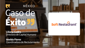 Caso de éxito Soft Restaurant: pantalla de punto de venta en restaurante y logo corporativo.