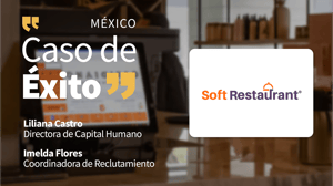 Caso de éxito Soft Restaurant: pantalla de punto de venta en restaurante y logo corporativo.
