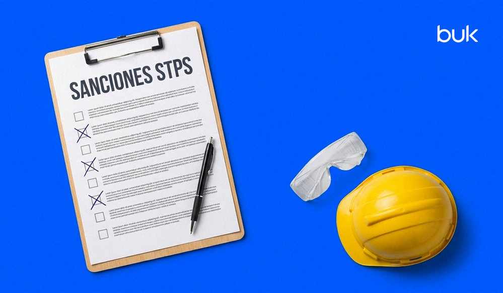 tabla con especificaciones de sanciones de stps por salud y seguridad, a los costados casco y guantes