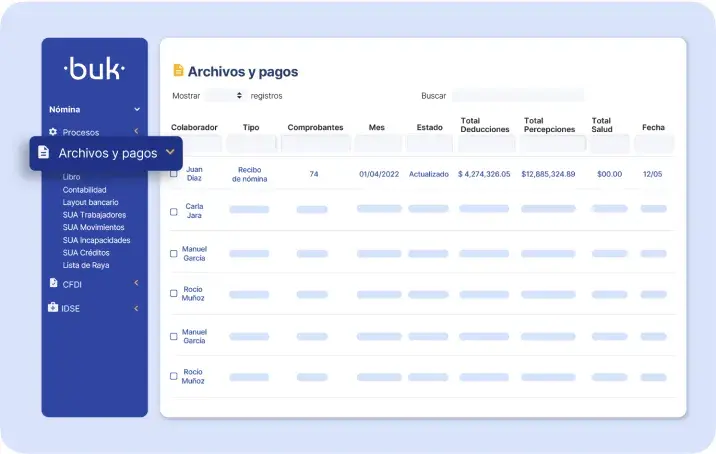 Pantalla de buk - Archivos y pagos
