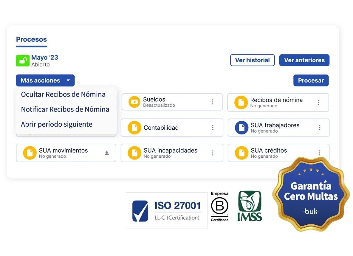 Pantalla de buk junto a logos de normas ISO, empresa B, IMSS y Cero multas