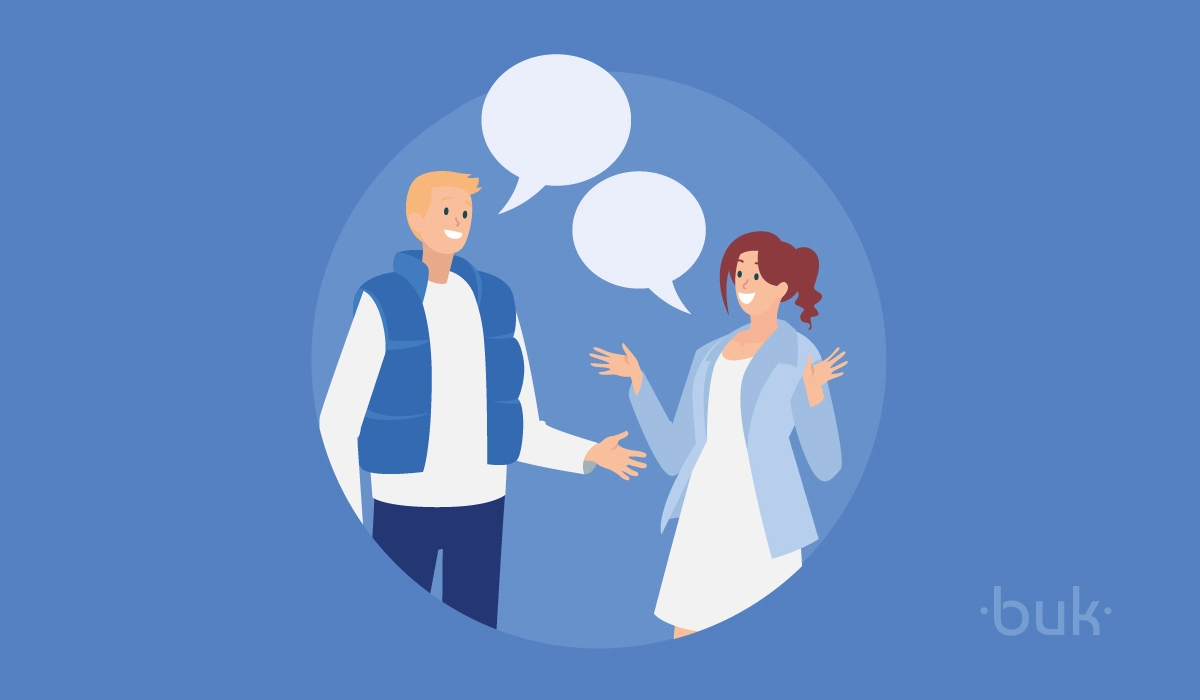 Ilustración de dos personas conversando de manera animosa aludiendo a una buena comunicación