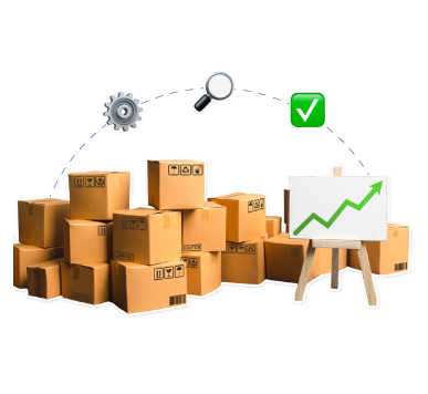 Cajas organizadas y gráfico de crecimiento para una gestión de activos eficiente en la organización.