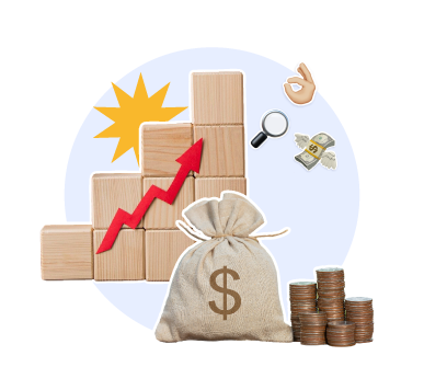Gráfico de crecimiento financiero con monedas y bloques para la gestión de activos en organizaciones.