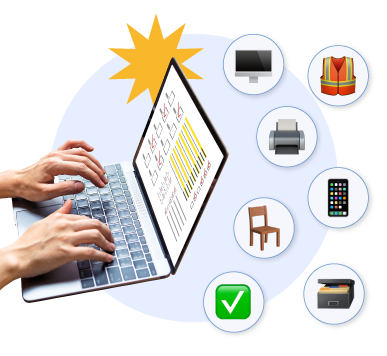 Persona utilizando un computador para organizar equipos y herramientas mediante la gestión de activos en la empresa.