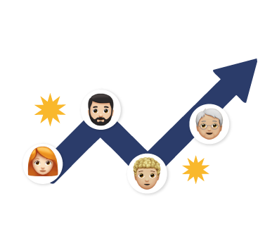 Ilustración de diversidad generacional y equidad laboral con personas de distintas edades conectadas por una flecha de crecimiento.